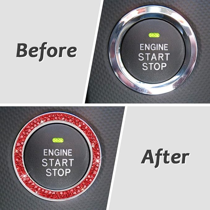 ToBeQueen Push Start Button Bling Rings Auto Car Engine Start Stop Button Sticker Emblem,Rhinestone Bling Red Car Accessories Decor for Women 2 Pcs,Red