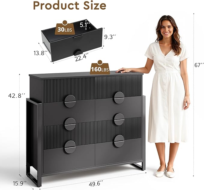 Fluted Dresser for Bedroom with 8 Drawers, 50" Wide Chest of Drawers with Raised H Legs and Curved Profile Design, Wood Closet Clothes Storage Organizer for Bedroom, Hallway, Black