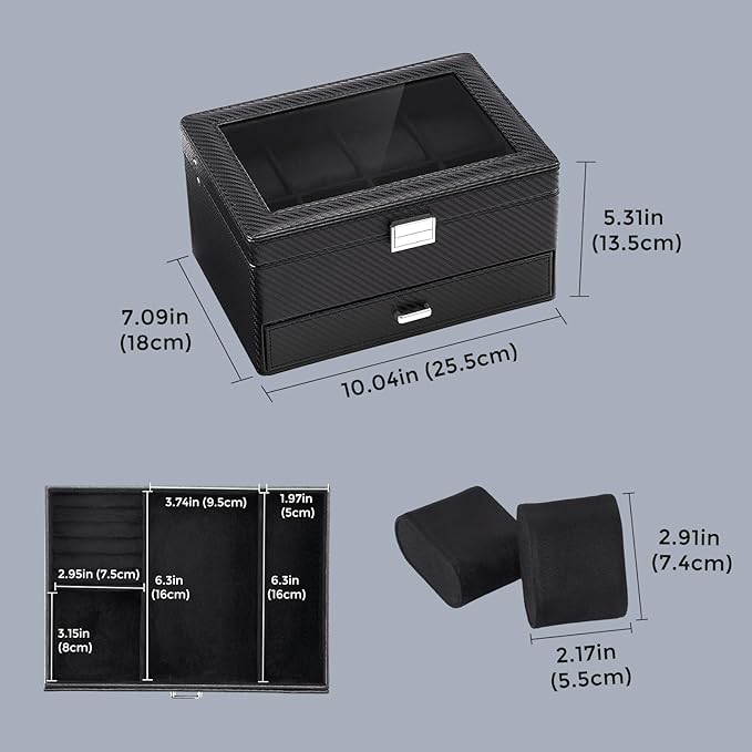 ProCase Watch Box for Men, Jewelry Organizer Box with Drawer, Display Storage Case with Glass Lid -AllBlack, 8 Slot