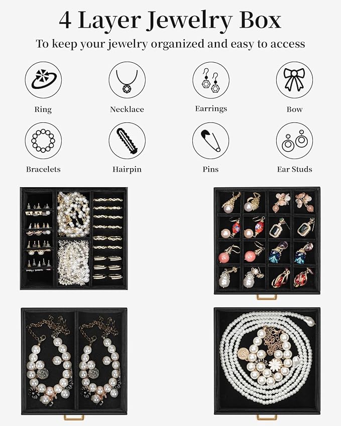 TORIBIO Jewelry Box for Women, Leather Jewelry Organizer with Mirror & Lock, 4-Tier Jewelry Storage Organizer with 3 Drawers for Girls/Women/Mothers, Necklace Earring Bracelets Holder Organizer