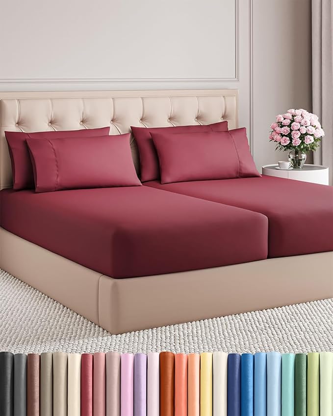 Split King 7 Piece Sheet Set - Comfy Breathable & Cooling - Soft Hotel Luxury Bedding Set with 8-16 Inch Deep Pockets - 1 Flat & 2 Fitted Sheet & 4 Pillowcases - Wrinkle Free & Easy Care - Burgundy