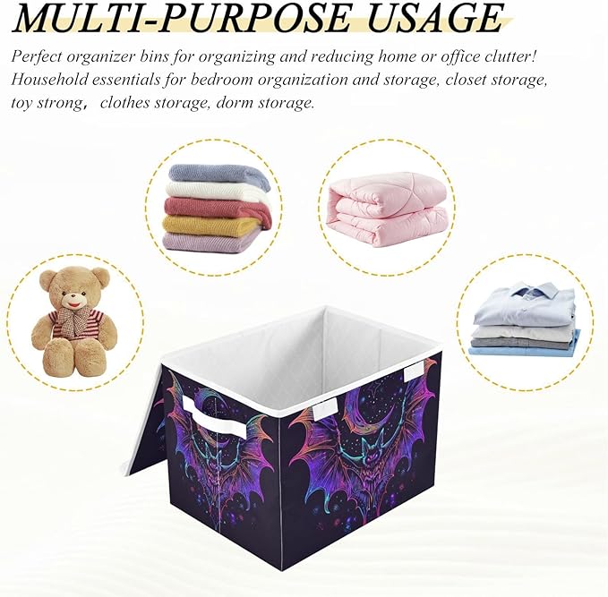 senya Halloween Baskets Collapsible Storage Bins with Lids, Neon Bat Crescent Storage Boxes Clothes Baskets for Organizing, B06D22020