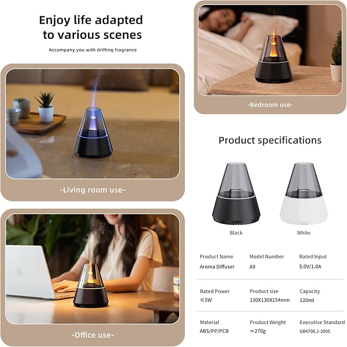 Ultrasonic Aroma Diffuser with Simulated Flame, 150ml, Timer and Auto-Off, LED Ambient Light (White)