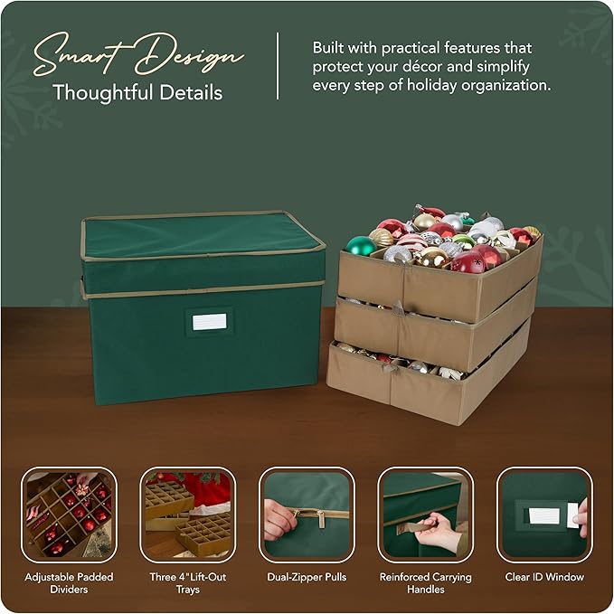 Covermates Keepsakes Adjustable Ornament Storage Box – Heavy-Duty Polyester, Padded Dividers & FlexGrid Trays – Protective Holiday Organizer with Stackable Walls & Label Window, Green