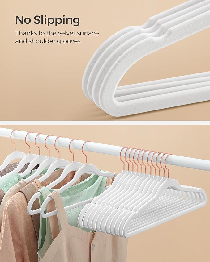 SONGMICS Slim Velvet Hangers, Non-Slip Clothes Hangers with Rose Gold Swivel Hooks, Space-Saving, for Closet, 100 Pack, White UCRF026W100