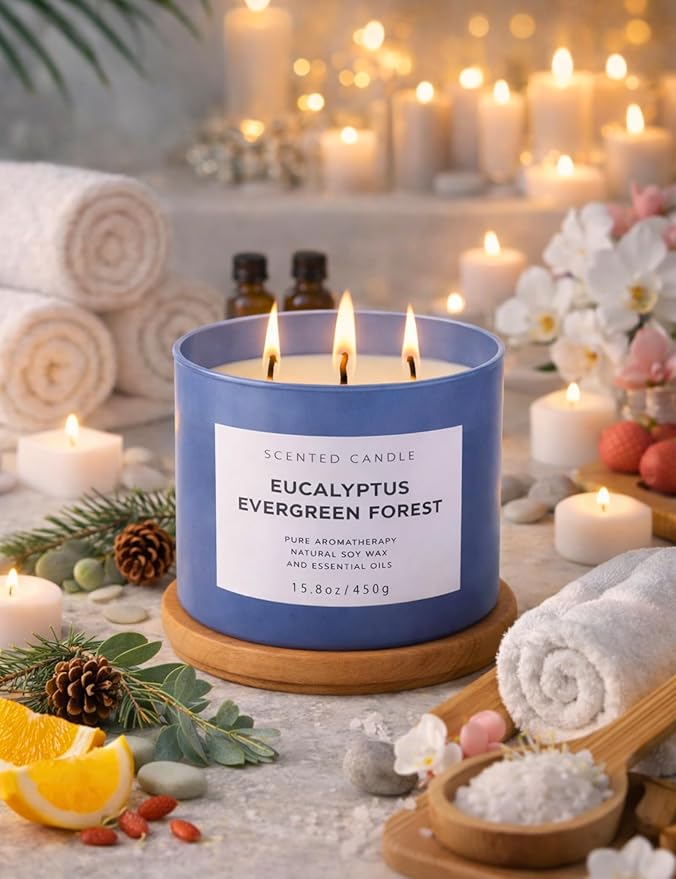 Eucalyptus Evergreen Forest 3-Wick Soy Candle, 15.8 oz | Winter Pine, Balsam Fir & Evergreen Scented Candle | Woodsy Aromatherapy Candle for Home | Clean Burn, Long-Lasting
