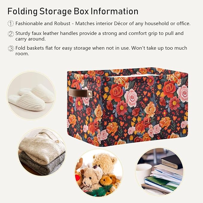 ALAZA Beautiful Flower Floral Print Foldable Storage Box Storage Basket Organizer Bins with Handles for Shelf Closet Living Room Bedroom Home Office 2 Pack
