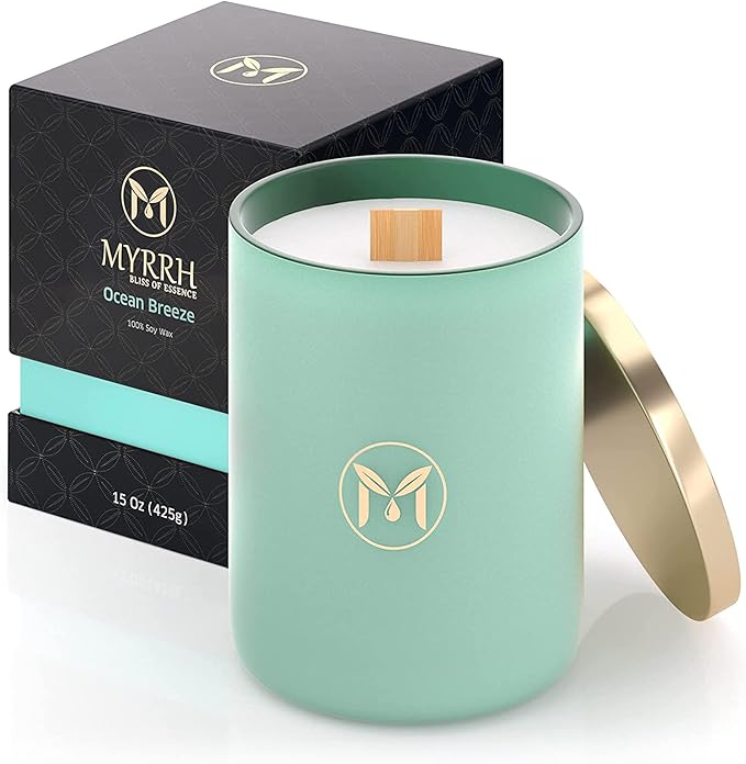 MyrrhUSA Ocean Breeze Scented Candle – 15 oz Natural Soy Wax with Crackling Wooden Wick & Essential Oils | 80 Hour Burn | Luxury Aromatherapy Candle for Relaxation, Home Décor, Living Room & Bathroom