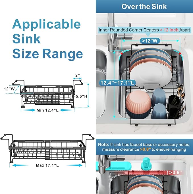 iSPECLE Expandable Dish Drying Rack with Silicone Mat for Sink or On Counter, Rust Resistant Adjustable Dish Drainer with Tightening Knob, Arms with Non Slip Rubber, 12.8" W x 12.4"-17.1" L, Black