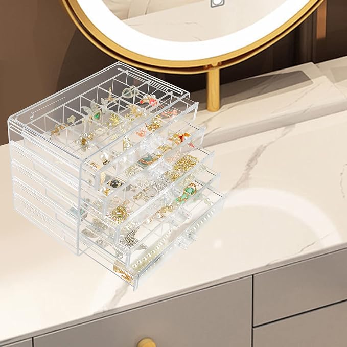 Weiai Clear Acrylic Jewelry Organizer, 90 Grids Adjustable Dividers Earrings Rings Storage Box