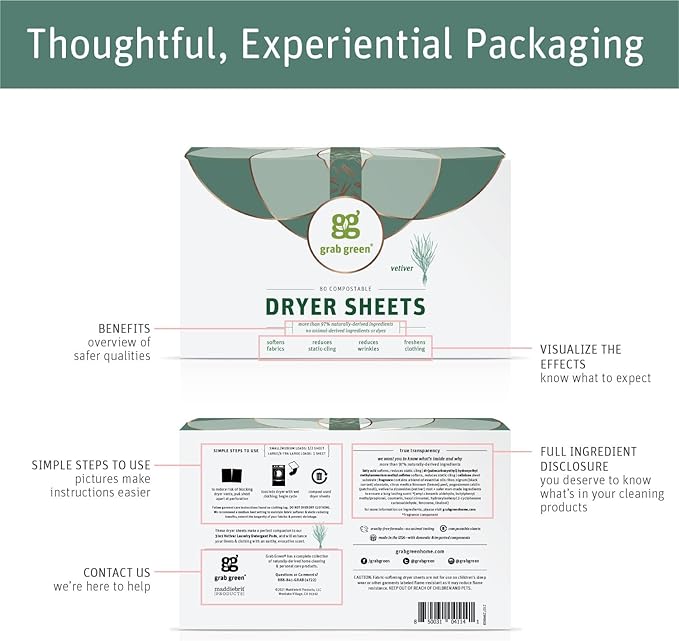 Grab Green Dryer Sheets, 160 Sheets, Lavender Vanilla Scent, Plant Based, Softens Fabrics, Reduces Static Cling and Wrinkles