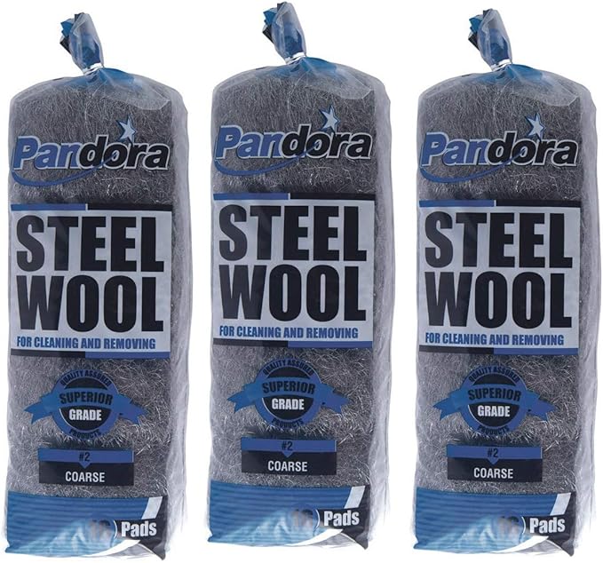 Pandora Steel Wool #2 – Coarse Grade, 48 Pads for Cleaning and Removing - Metal Strands - Ideal to Remove Floor Scuff Marks and Old Wax