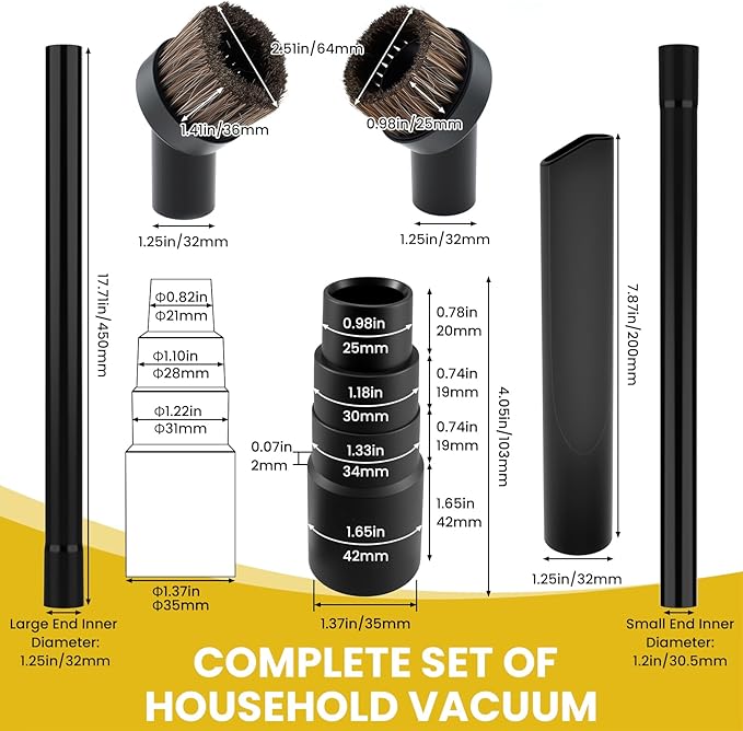 UBANU 6Pcs Vacuum Attachments Set - 17.7" Extension Wands, Crevice Tool, 2 Horse Hair Dust Brushes & Universal Hose Adapter for Cleaning Furniture, Blinds, Car Interiors