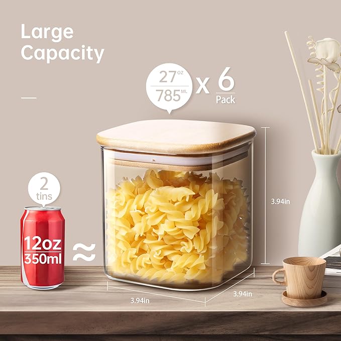 HomArtist Square Glass Jars with Bamboo Lids 27 FL OZ [Set of 6], Glass Canisters with Airtight Lids, Glass Food Storage Containers for Coffee, Sugar, Tea, Candies, Cookies,Best for Kitchen & Pantry