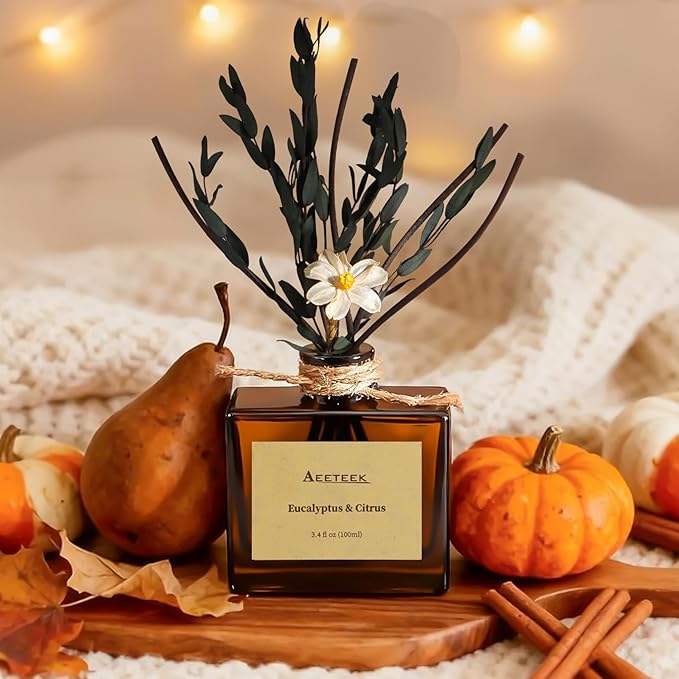 Reed Diffuser, Eucalyptus & Citrus Scented Oil Diffusers for Home with Dried Flowers, 3.4 Fl Oz Essential Oil Diffuser for Bathroom, Elegant Fragrance for Room Decor