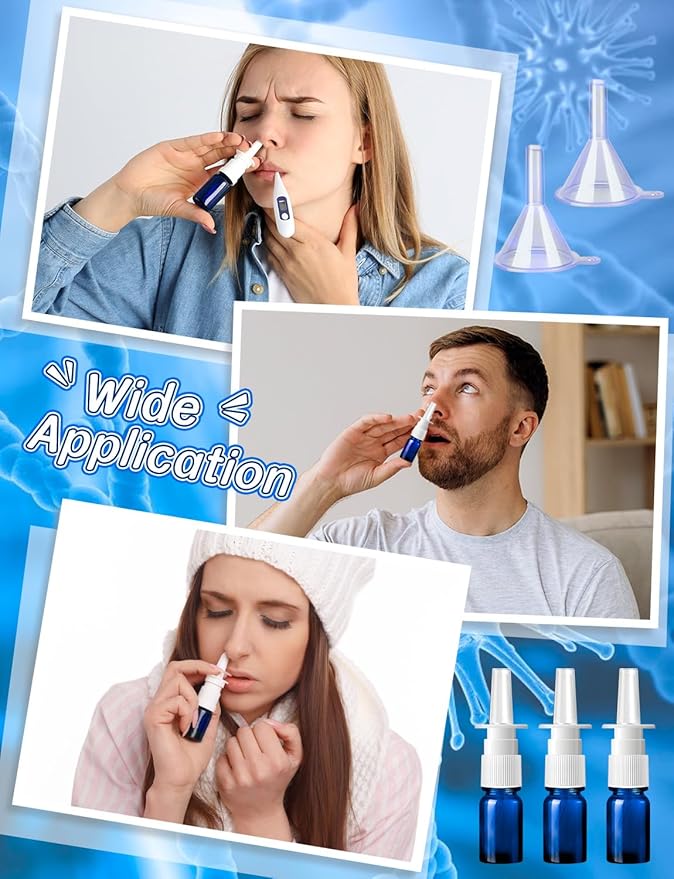 ZHWKMYP 10 Pcs Nasal Spray Bottle, 5ML/0.17OZ 6 Pcs Blue Fine Mist Glass Empty Refillable Nasal Spray Bottle with 2 Funnels and 2 Labels
