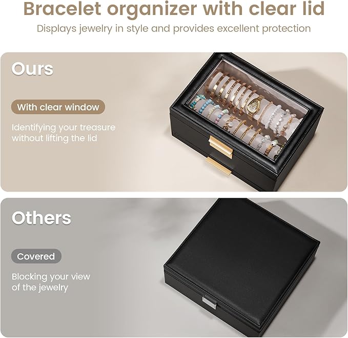 Lolalet Bracelet Holder Organizer with Clear Lid and Drawer, Bangle Storage Box Jewelry Display Holder for Watches, Jewellery Case for Women -Black