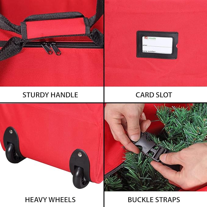 ProPik Holiday Rolling Tree Storage Bag | Fits Up to 6 ft. Tall Disassembled Christmas Tree | 22"x16"x 50" | Large Heavy Duty Xmas Storage Container with 2 Wheels & Handles | 600D Oxford (Red)