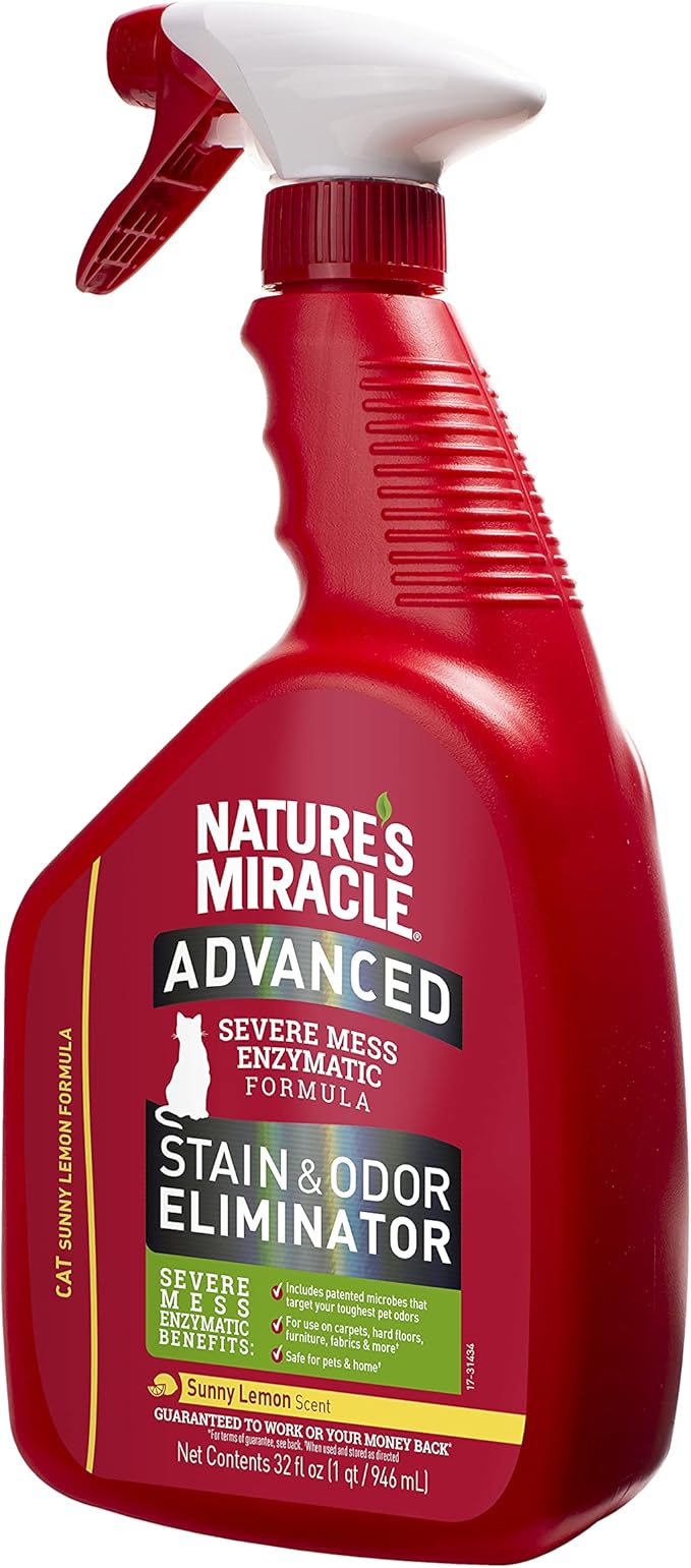 Nature's Miracle Advanced Cat Stain and Odor Eliminator Spray, Severe Mess Enzymatic Formula, Sunny Lemon Scent, 32 fl oz