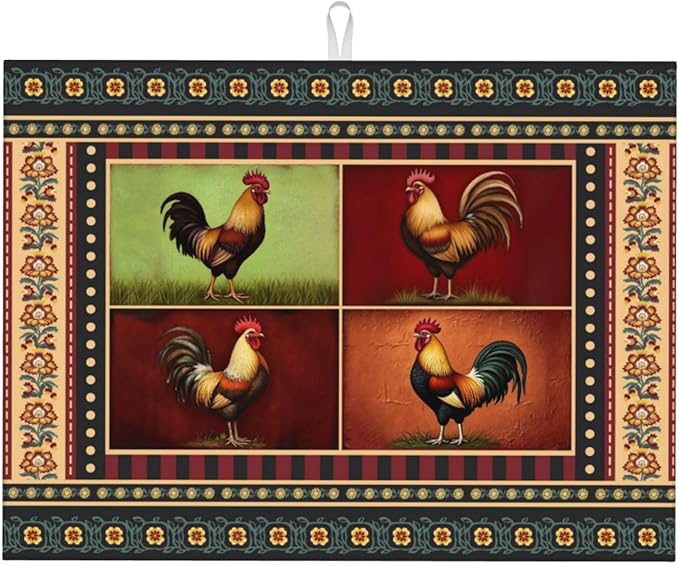Retro Chicken Dish Drying Mat 18x24 For Kitchen Counter Absorbent Microfiber Dishes Pad Dish Drainer Rack Mats Fast Dry Kitchen Accessories