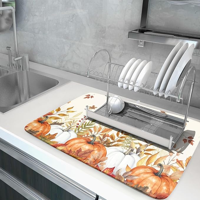 ABSOP Fall Dish Drying Mat for Kitchen Counter 18 x 24 Inch Orange Pumpkin Drying Mat Absorbent Reversible Microfiber Mats for Thanksgiving Decoration Dish Rack Pad Drainer Mat for Coffee Bar