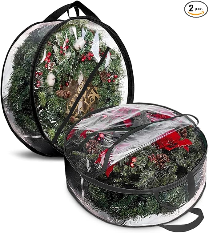 ProPik Christmas Wreath Storage Bag 36" - 2 Pack Clear Christmas Wreath Storage Container- Garland Holiday Artificial Wreath Storage Holder - Water Proof Transparent PVC (36 Inch, Black)
