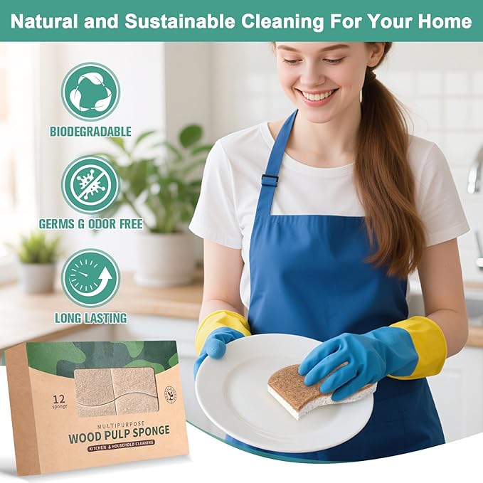 JiedHiur 12Pack Natural Kitchen Sponge, Biodegradable Cellulose and Coconut Scrubber, Eco Friendly Sponges for Dishes