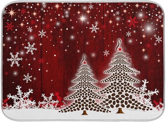Christmas Tree Dish Drying Mat 18x24 inch Xmas New Year Snowflake Wooden Dish Drainer Kitchen Counter Mats Bottles Dish Dry Pad Protector for Kitchen Countertops