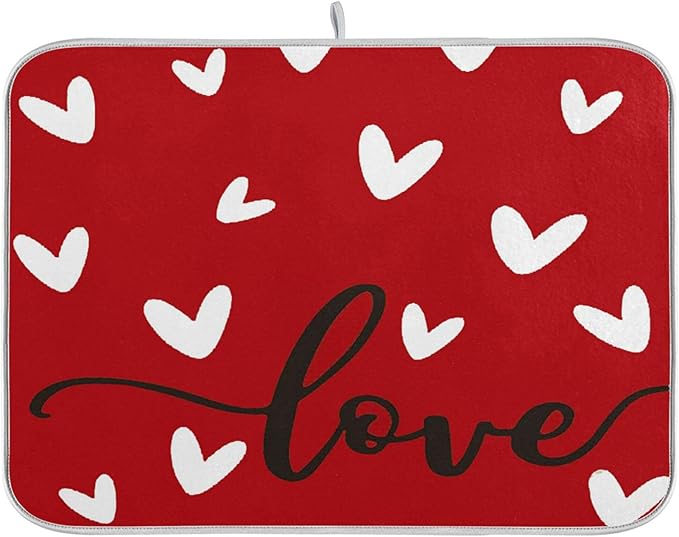 Happy Valentine's Day Dish Drying Mat for Kitchen Red White Love Heart Microfiber Drying Mats Absorbent Reversible Dish Pad Large Dish Draining Mat 18x24 inch