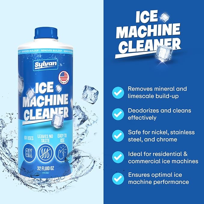 Sylvan Ice Machine Cleaner and Descaler | 32 oz (8 uses) | Free Cloth | Made in USA | Nickel Safe Ice Maker Cleaner and Descaler | Universal Compatibility for Commercial & Residential Ice Makers