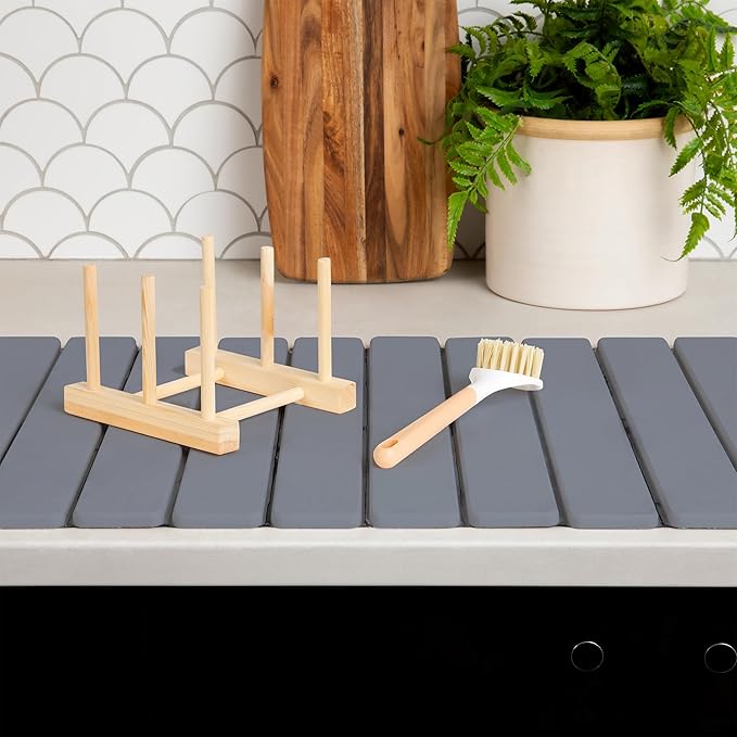 Hycrest HavenMat – Large Stone Dish Drying Mat (24”x16”) with Bamboo Rack & Brush | Quick-Dry Diatomite Counter Mat for Dishes, Glassware, Plants & Pets | Grey Kitchen Drying Stone (Grey)