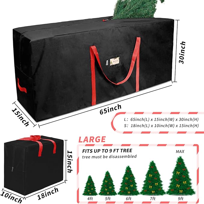 Christmas Tree Storage Bag 9 ft (3pc Set), Fits Up to 9 Foot Artificial Trees, 600D Oxford Tear-proof Xmas Tree Bag, Reinforced Handles&Zippered&Durable, Holiday Decoration Storage Bags, Black