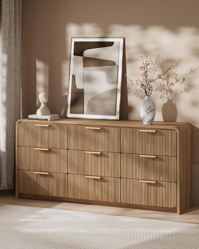 Fluted 9 Drawer Dresser for Bedroom, 57" Wide Chest of Drawers, Curved Profile Design, Wooden Dresser TV Stand for Living Room, Hallway, Walnut