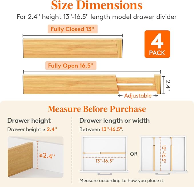 Lifewit 4 Pack Bamboo Drawer Dividers 2.4" High, 13-16.5" Kitchen Drawer Organizers, Adjustable Wooden Drawer Dividers for Clothes, Expandable Drawer Separators for Dresser, Bedroom, Bathroom, Cabinet