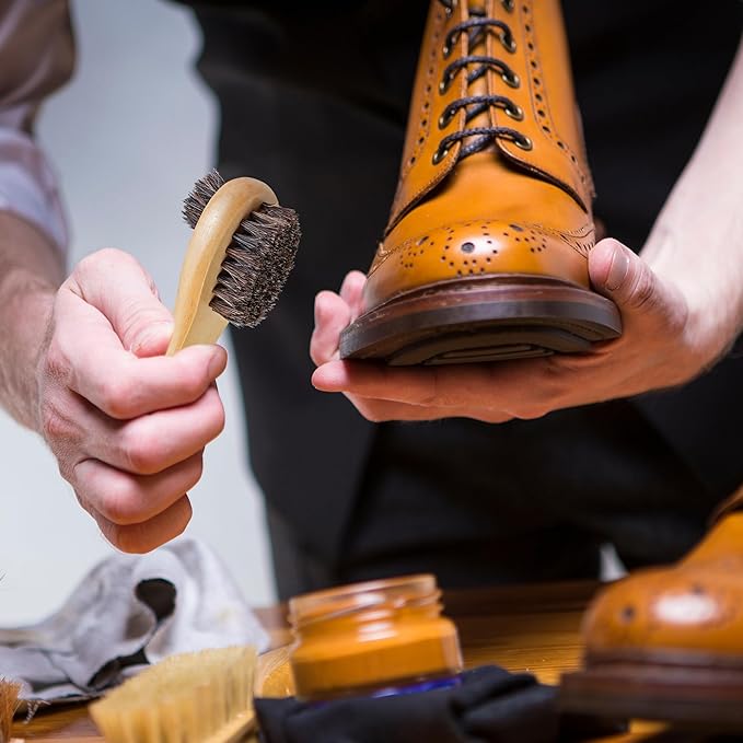 Horsehair Shoe Polish Applicator Brush, Shoe Buffing Brush for Leather Maintenance and Care, with Comfortable Grip - Ideal for All Fabrics, Bags, Boots, Backpacks, Monk Straps, and Shoes