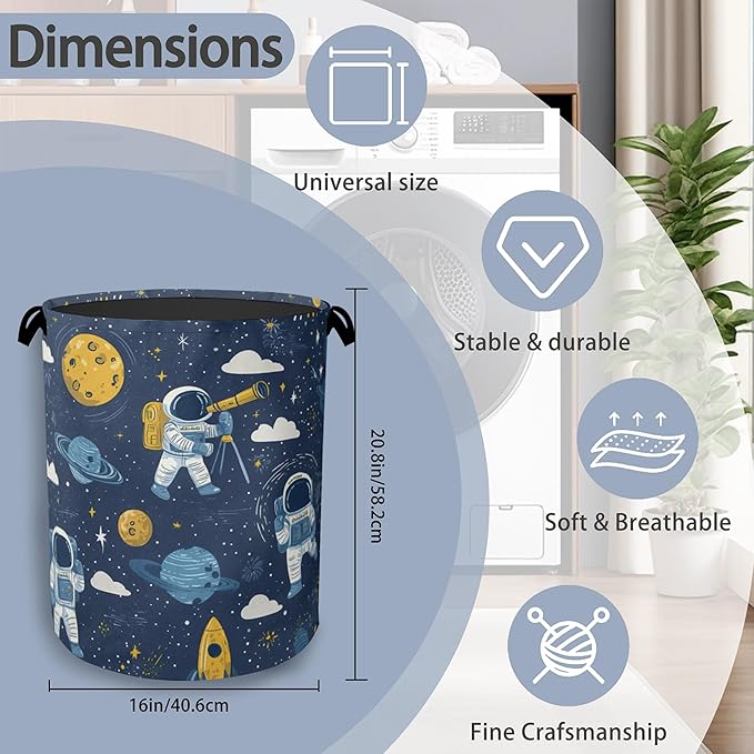 Astronaut Laundry Basket,Rocket Planet Foldable with Handles Tote Bag Oxford Cloth for Bathroom Bedroom Dirty Clothes Storage Bucket 16" x 20.8"
