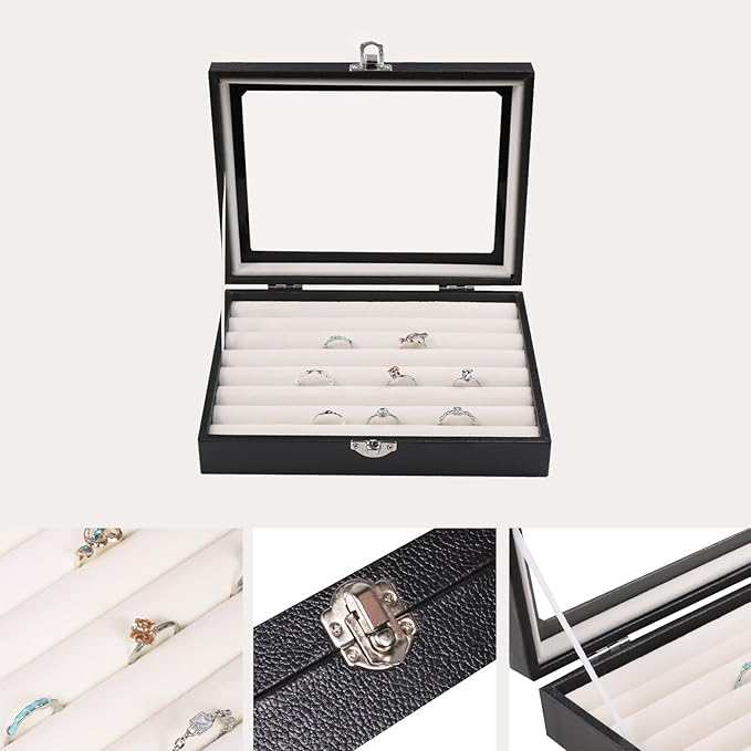 Stratalife Ring Holder Small Jewelry Box Display Case with Clear Lid Cute Ring Organizer Drawer Jewelry Storage Gift for Women Beige
