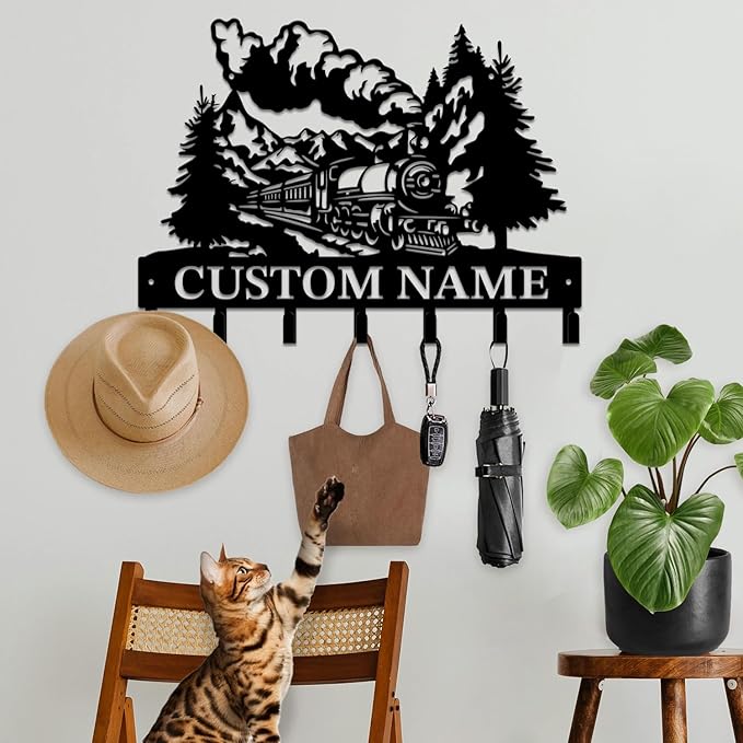 Personalized Train Metal Keys Hooks,Custom Name Metal Train Keys Hooks,Black Metal Train Wall Home Storage Decorative Keys Hooks,Key Holder Hooks for Wall (Style G)
