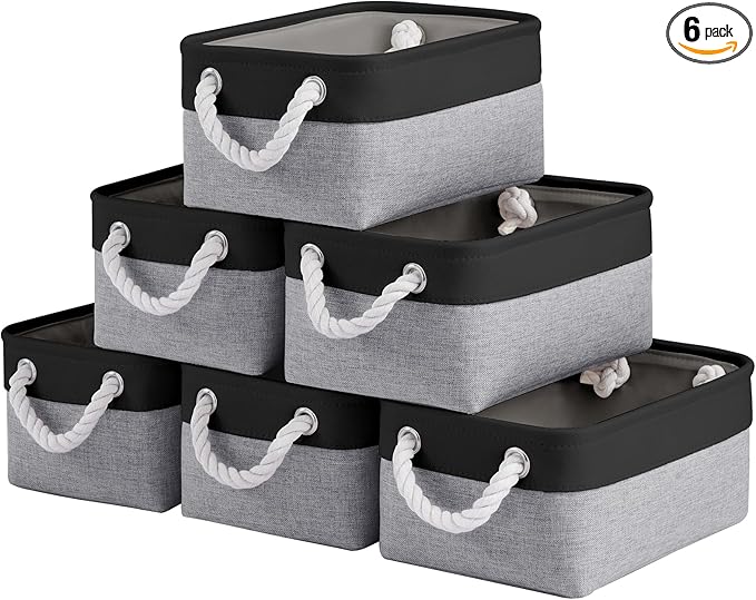 Storage Baskets for Shelves 11.8x7.9x5.2 Inch, Foldable Fabric Storage Bins with Handles, Small Storage Baskets for Organizing Closet, Office, Home Organization (6-Pack, Black&Gray)