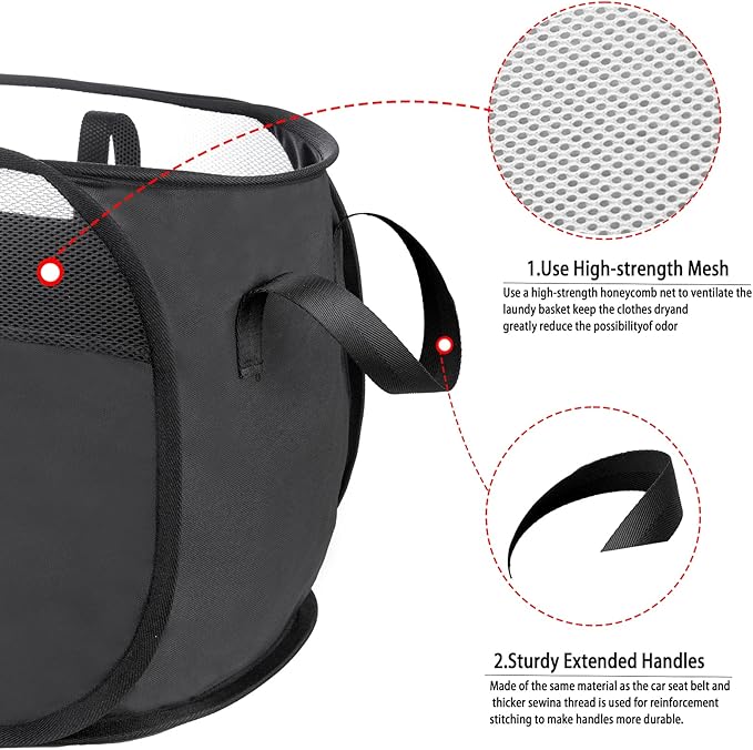 Pop Up Laundry Hamper，with Durable Handles collapsible laundry basket，Easy to Open and Fold for college Dorm,kids room，travel (Black)…