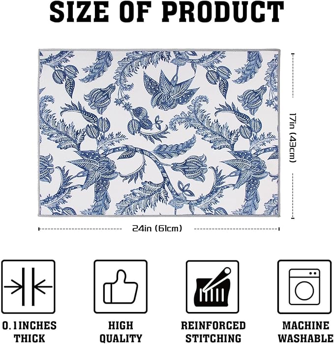 FULL BE DARE 2 Pack XXL 17" x 24" Blue and White Porcelain Dish Drying Mat - Dish Drying Mats for Kitchen Counter, Super Absorbent, Anti-Slip, Fast Drying, Kitchen Must-Have