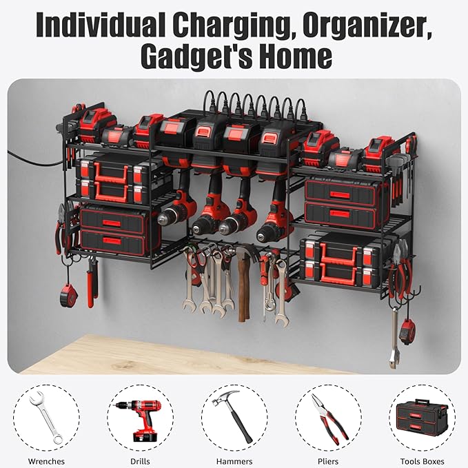 CCCEI Black Power Tool Organizer Wall Mount, Large Tools and Battery Storage Rack Charging Station Individual Switches. Drills Holder, Garage Utility Shelves with 6FT Power Strip. Gift for Men.