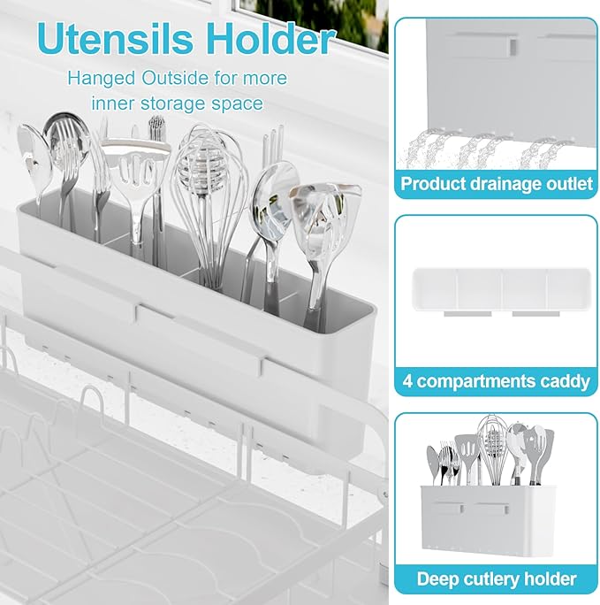 HOMEBOSILY Dish Drying Rack for Kitchen Counter - Large Capacity Dish Drying Rack with Drainboard, Kitchen Sink Dish Rack, Countertop Dish Drainer Rack with Cutlery Holders Dish Dryer Rack White