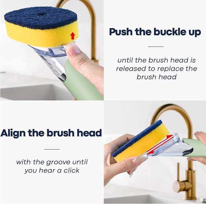 Dish Brush with Soap Dispenser Storage Set with 2 PCS Sponge Refills & Holder, Soap Dispensing Dish Brushes, Sponge with Soap Dispenser Handle, Dish Sponges with Handle for Dishes Pans Pots Sink