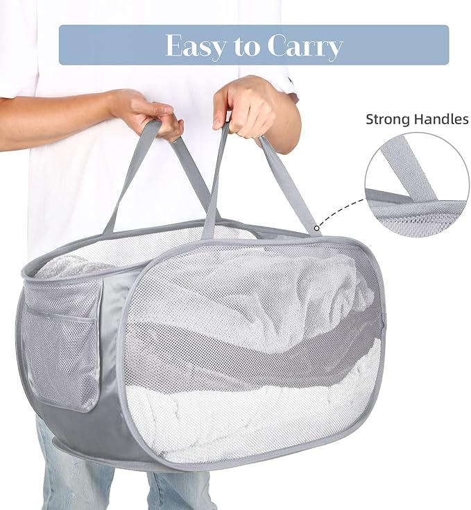 4 Pack Durable Collapsible Laundry Baskets, Mesh Foldable Laundry Basket, Pop Up Laundry Hamper with Pocket, Clothes Hamper with Reinforced Handles for Laundry, Bathroom, Kids Room, Dorm or Travel