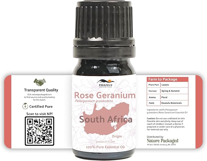 Rose Geranium Essential Oil - Direct from Kwazulu Botanicals in South Africa- Organic Essential Oils for Body, Diffusers, or Aromatherapy | Pure Therapeutic Grade (5ml)