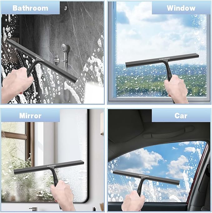 Anjinwiper Household Squeegee for Shower Glass Doors, Silicone Shower Squeegee with Adhesive Hook, Bathroom Squeegee for Shower, Window Cleaner Tool for Glass Door, Kitchen, Tile Wall(10 inch-Black)