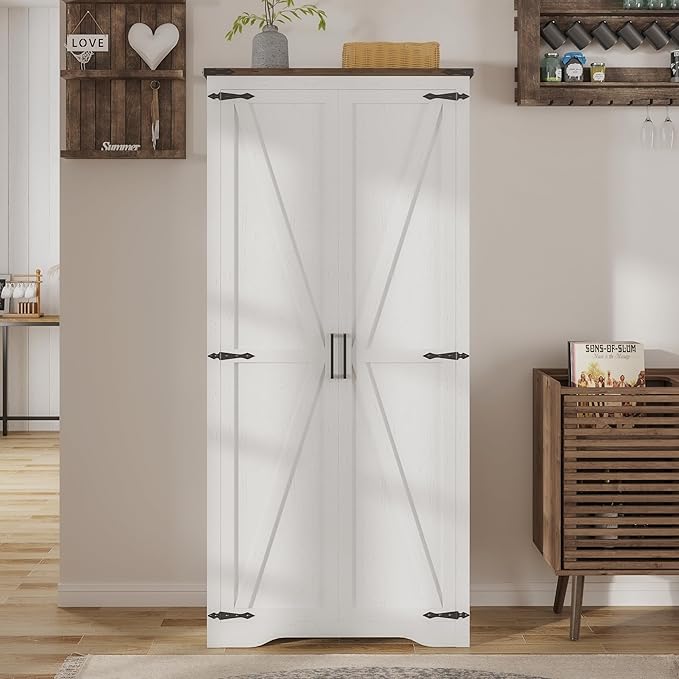 Farmhouse Storage Cabinet with Adjustable Shelves, Large Pantry Organize with 2 Barn Doors, Freestanding Cabinet for Kitchen, Garage, Basement, Living, Utility Room, Off-White