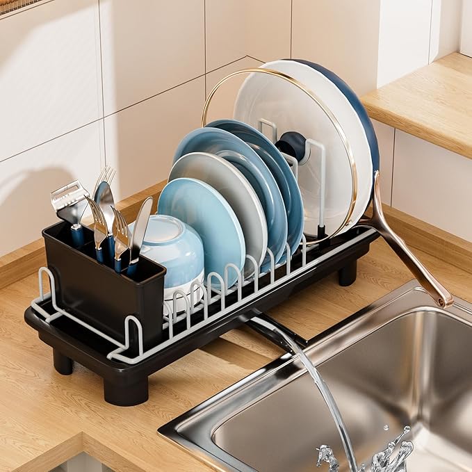 VUSIGN Small Dish Drying Rack with Drain, Compact Dish Rack, Slim Dish Drainers for Kitchen Counter, Extendable Spout Strainers with Removable Utensil Holder, Space Saving, Black