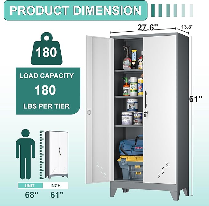 Storage Cabinet 61" H, Locking Cabinet with Doors and Shelves, Metal Pantry Cabinets for Tool Organization,Gray White Cabinet with Removable Pegboard for Garage,Utility Room,Office